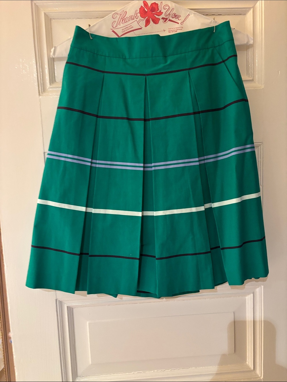 Ann Taylor Emerald Green Pleated Skirt with Navy & White Stripes